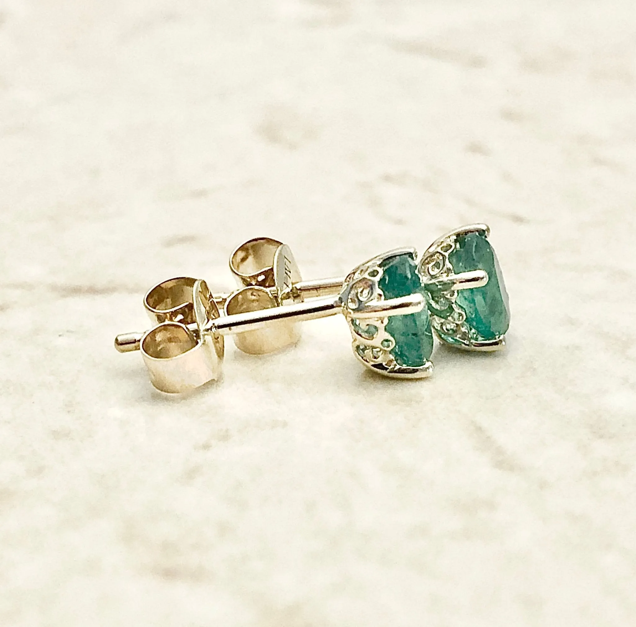 14 Karat Yellow Gold May Birthstone Oval Emerald Stud Earrings