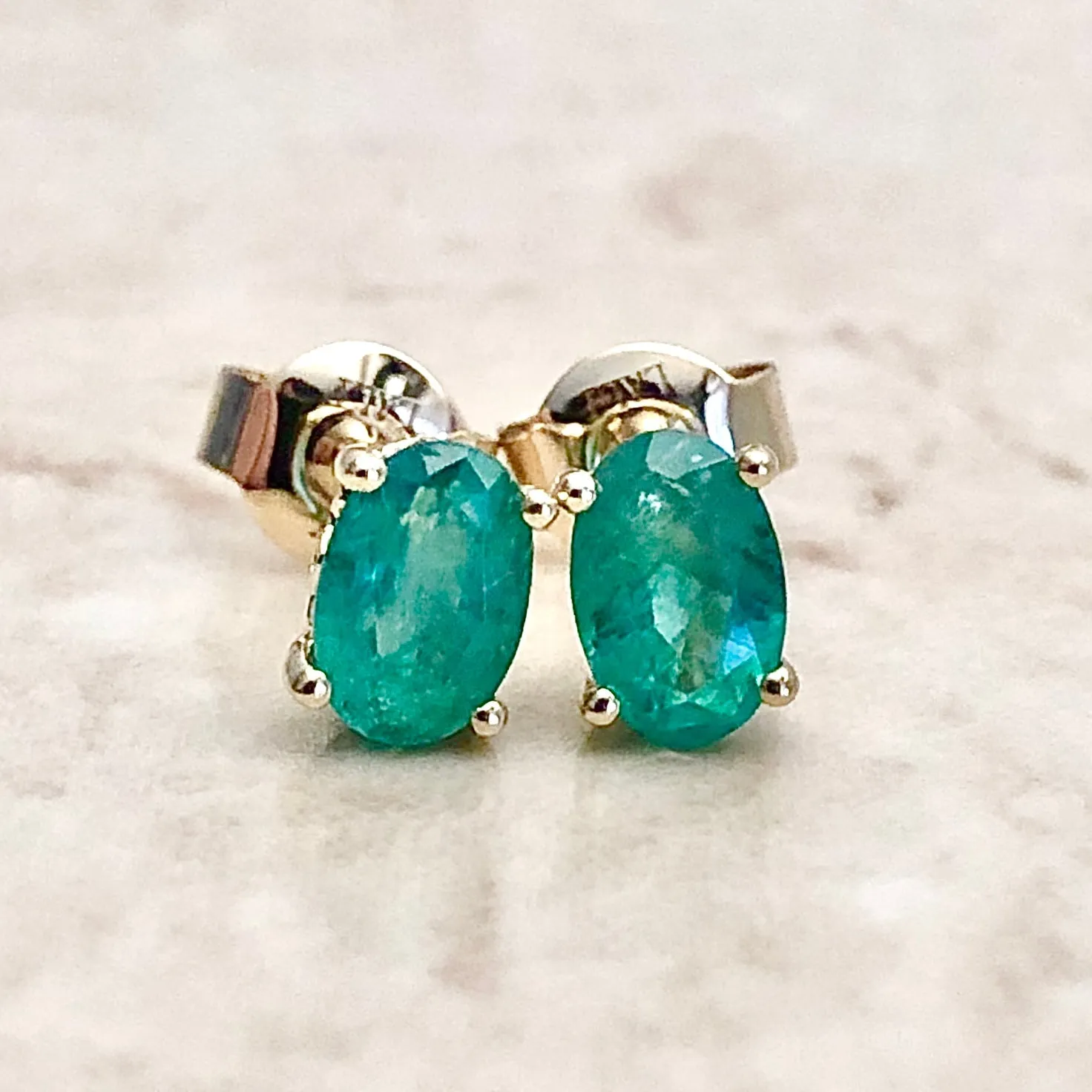 14 Karat Yellow Gold May Birthstone Oval Emerald Stud Earrings