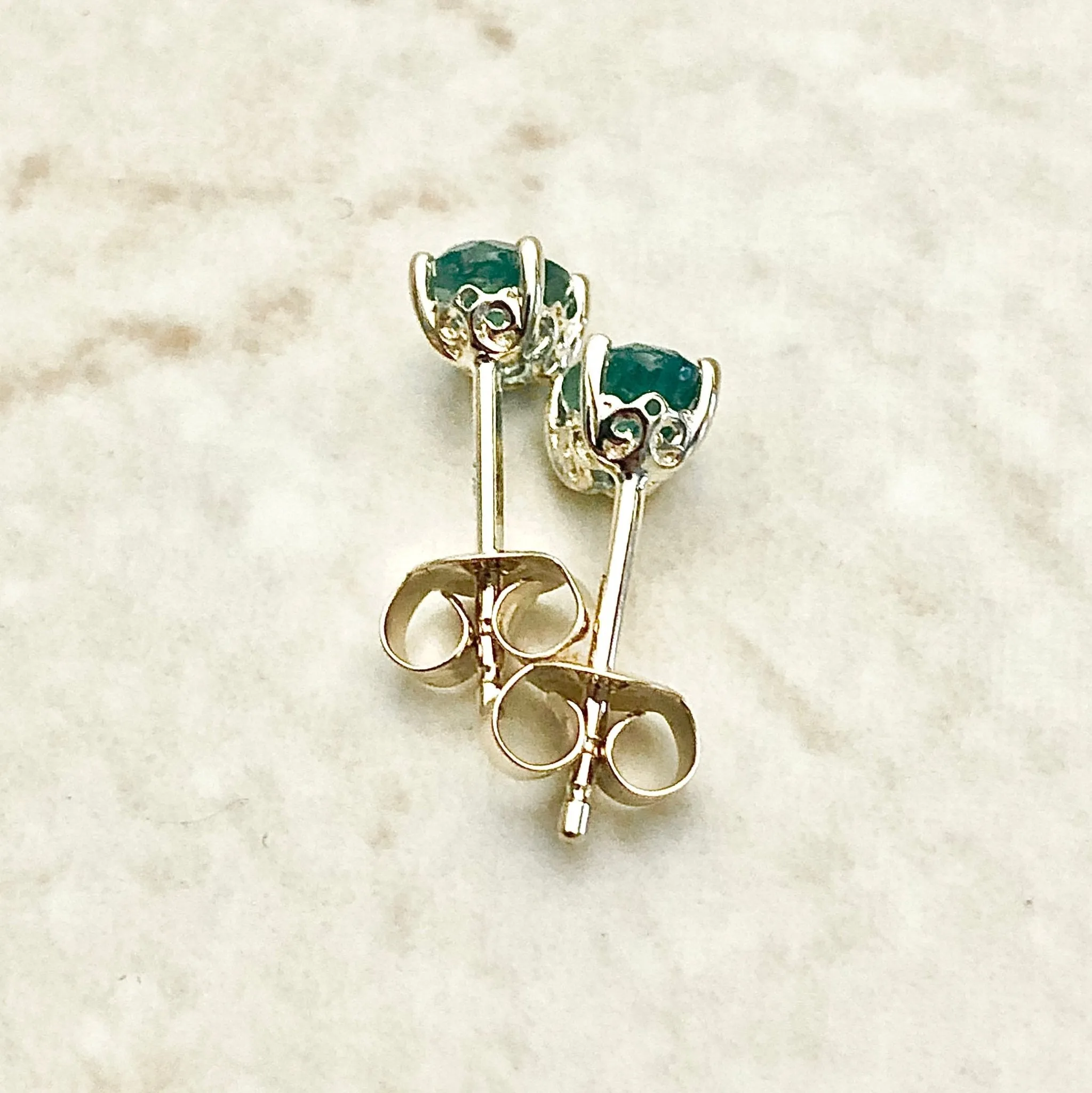14 Karat Yellow Gold May Birthstone Oval Emerald Stud Earrings