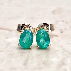 14 Karat Yellow Gold May Birthstone Oval Emerald Stud Earrings