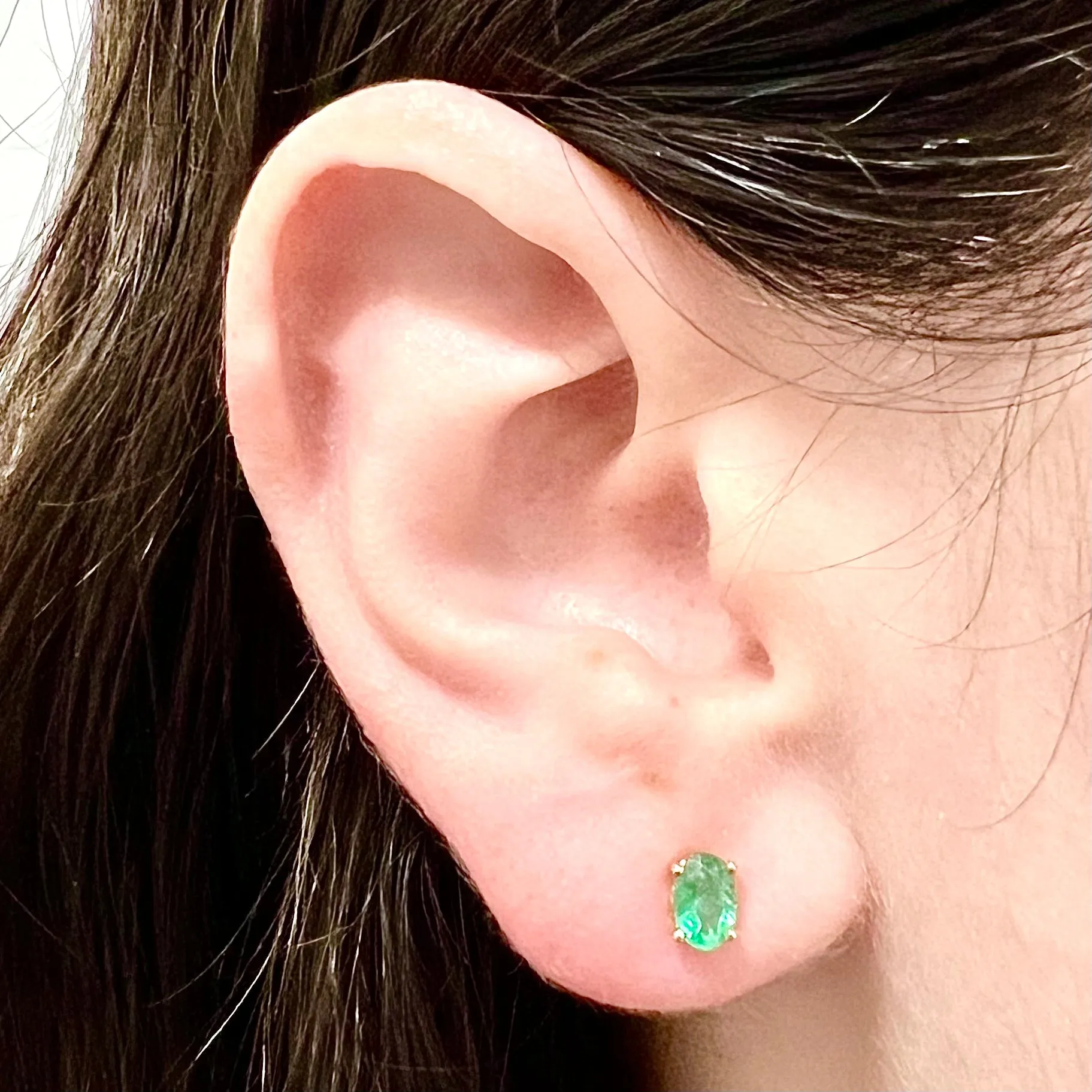 14 Karat Yellow Gold May Birthstone Oval Emerald Stud Earrings