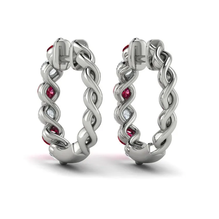 14 KT White Gold Diamond and Ruby  Twist Hoop Earrings