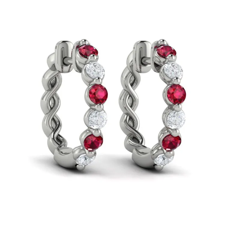 14 KT White Gold Diamond and Ruby  Twist Hoop Earrings
