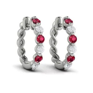 14 KT White Gold Diamond and Ruby  Twist Hoop Earrings
