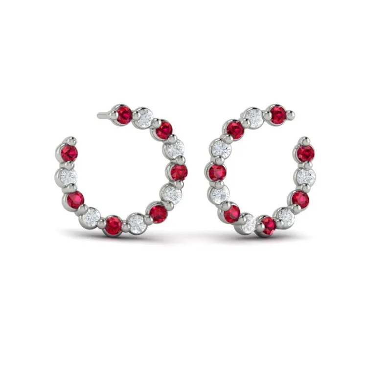 14 KT White Gold Forward-facing Diamond and Ruby  Open Hoop Earrings