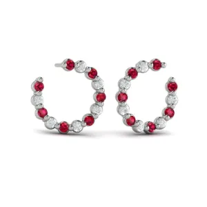 14 KT White Gold Forward-facing Diamond and Ruby  Open Hoop Earrings
