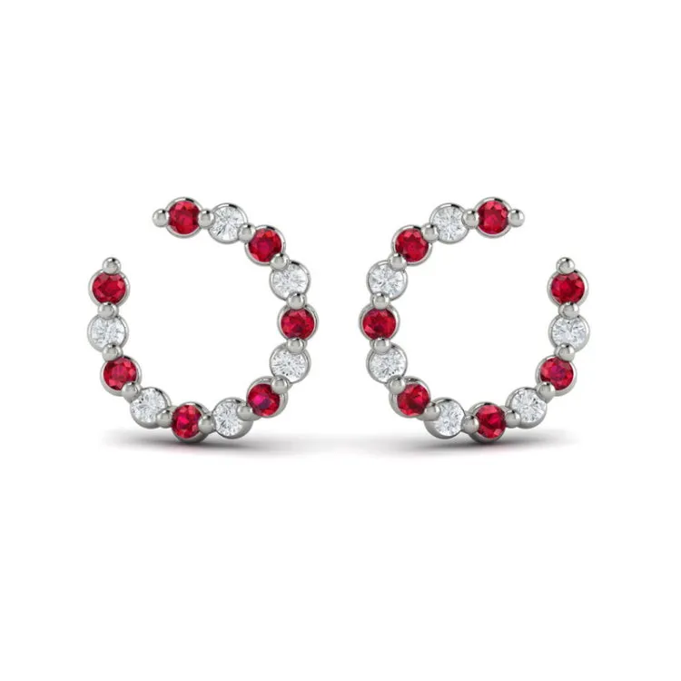 14 KT White Gold Forward-facing Diamond and Ruby  Open Hoop Earrings