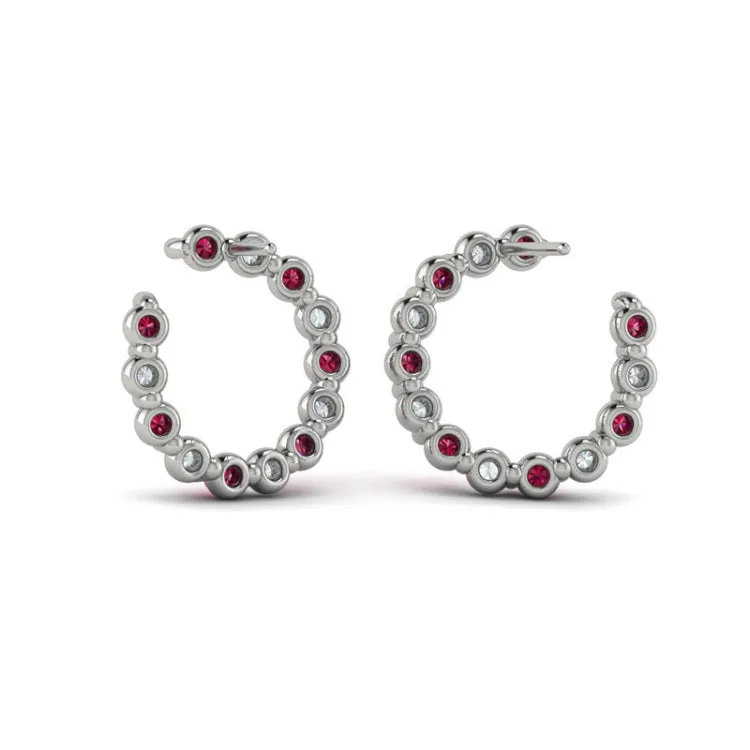 14 KT White Gold Forward-facing Diamond and Ruby  Open Hoop Earrings
