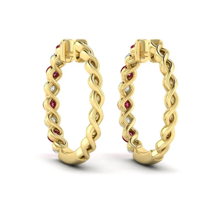 14 KT Yellow Gold Diamond and Ruby  Twist Hoop Earrings