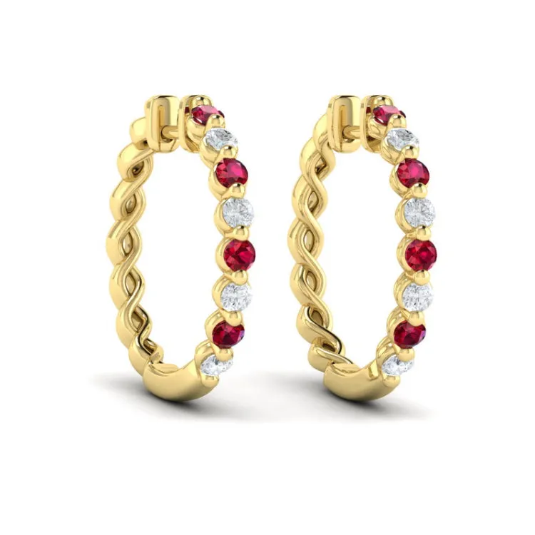 14 KT Yellow Gold Diamond and Ruby  Twist Hoop Earrings