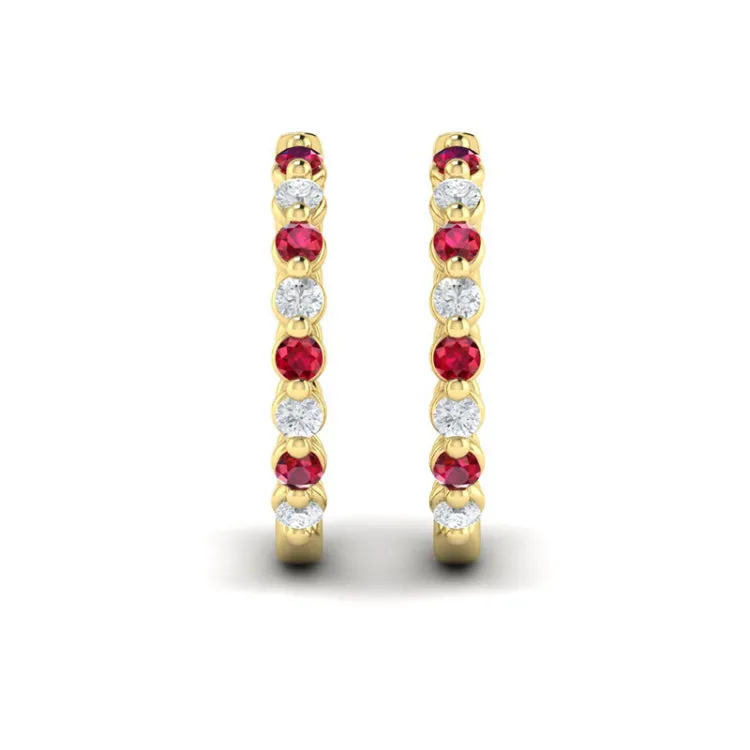 14 KT Yellow Gold Diamond and Ruby  Twist Hoop Earrings