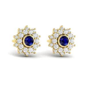 14 KT Yellow Gold Diamond Star Cluster and Blue Sapphire Stud Statement Earrings