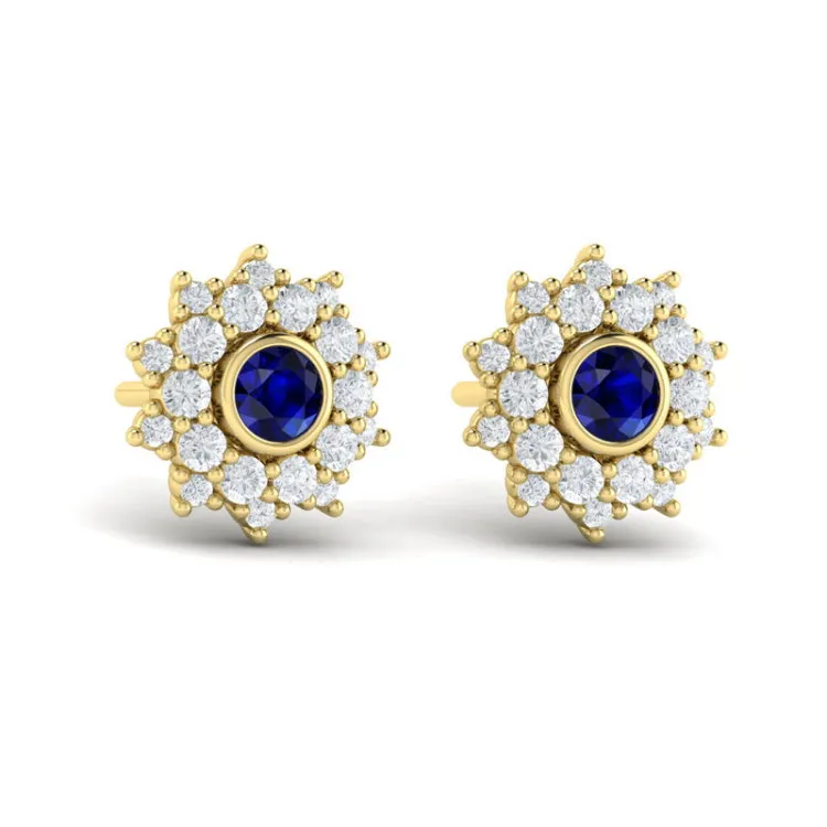 14 KT Yellow Gold Diamond Star Cluster and Blue Sapphire Stud Statement Earrings