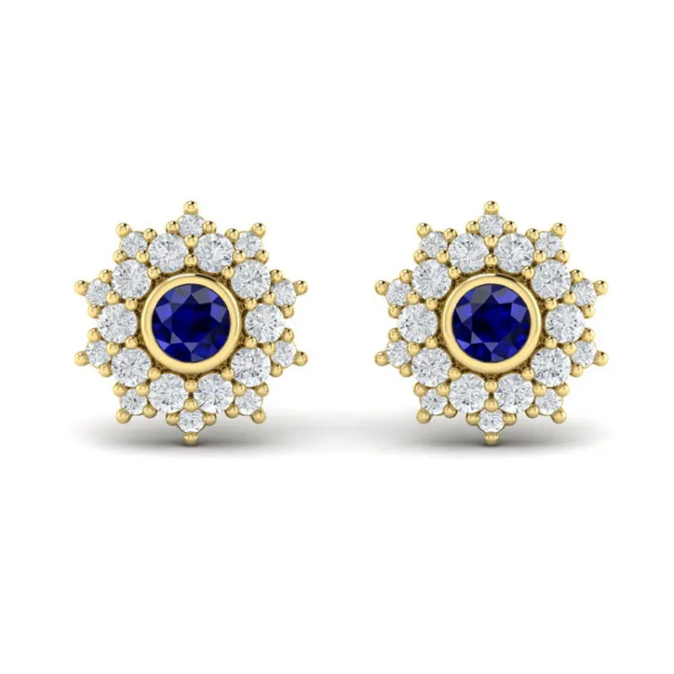 14 KT Yellow Gold Diamond Star Cluster and Blue Sapphire Stud Statement Earrings
