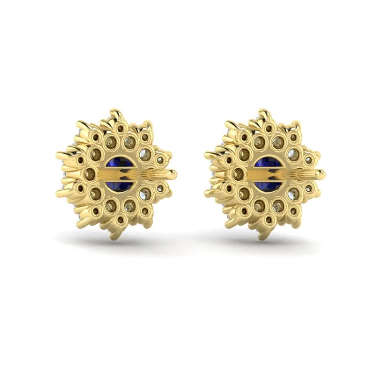 14 KT Yellow Gold Diamond Star Cluster and Blue Sapphire Stud Statement Earrings