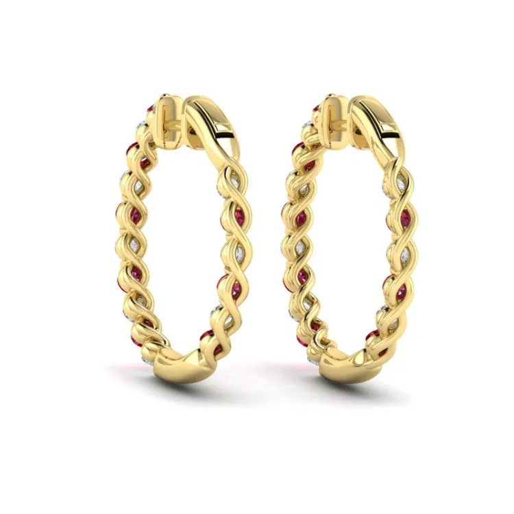14 KT Yellow Gold Inside Out Diamond and Ruby  Hoop Earrings