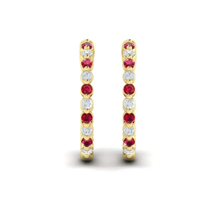 14 KT Yellow Gold Inside Out Diamond and Ruby  Hoop Earrings