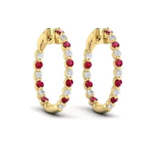 14 KT Yellow Gold Inside Out Diamond and Ruby  Hoop Earrings