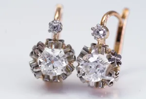 1.45CTW ANTIQUE OLD CUT DIAMOND MIXED METAL DORMEUSES FRENCH EARRINGS