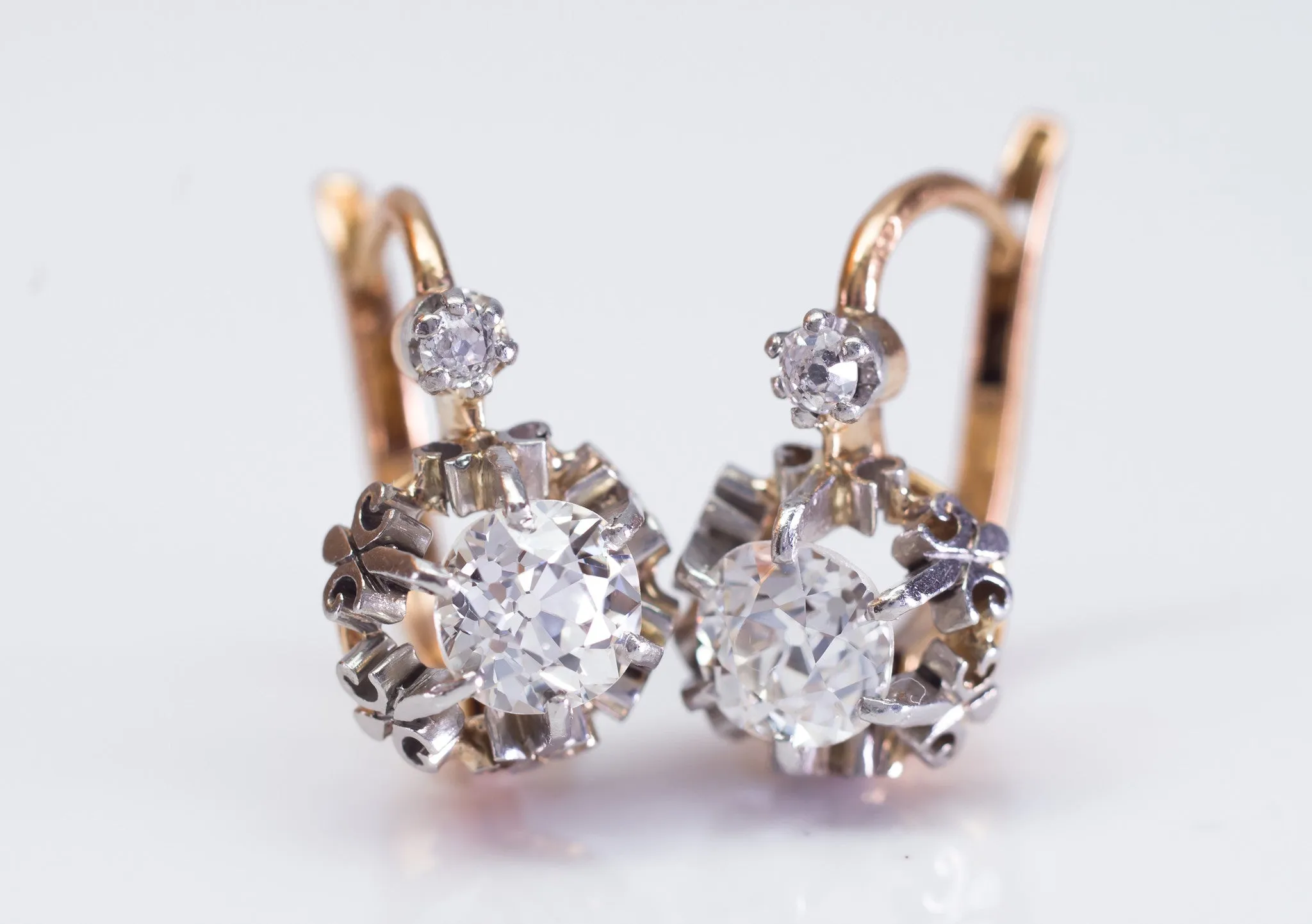 1.45CTW ANTIQUE OLD CUT DIAMOND MIXED METAL DORMEUSES FRENCH EARRINGS