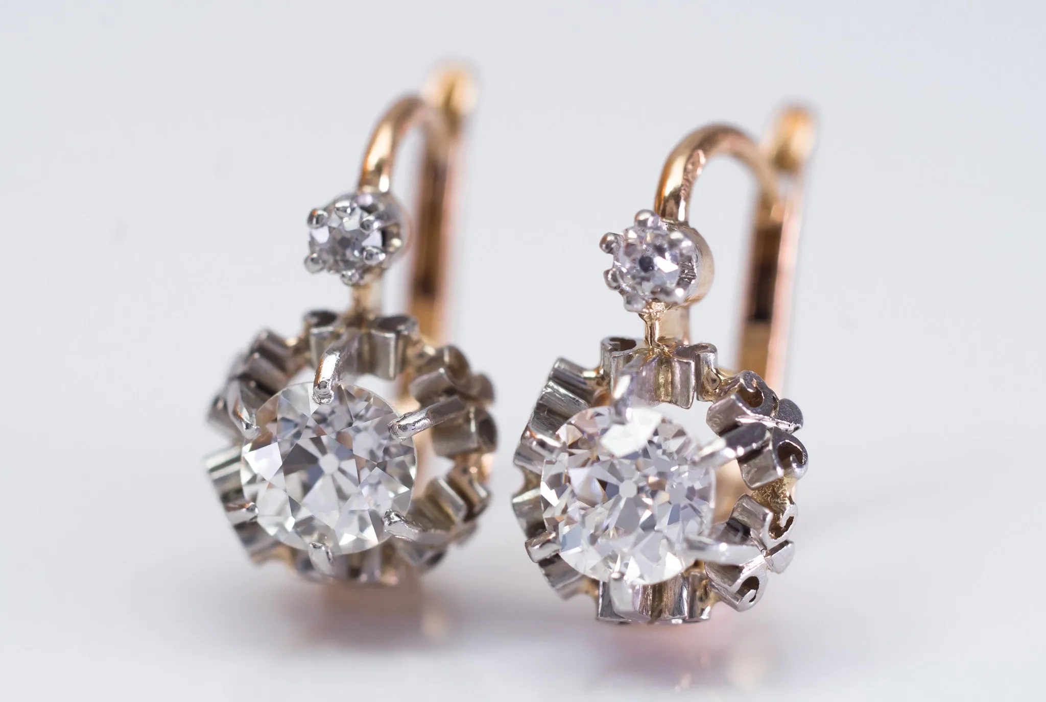 1.45CTW ANTIQUE OLD CUT DIAMOND MIXED METAL DORMEUSES FRENCH EARRINGS