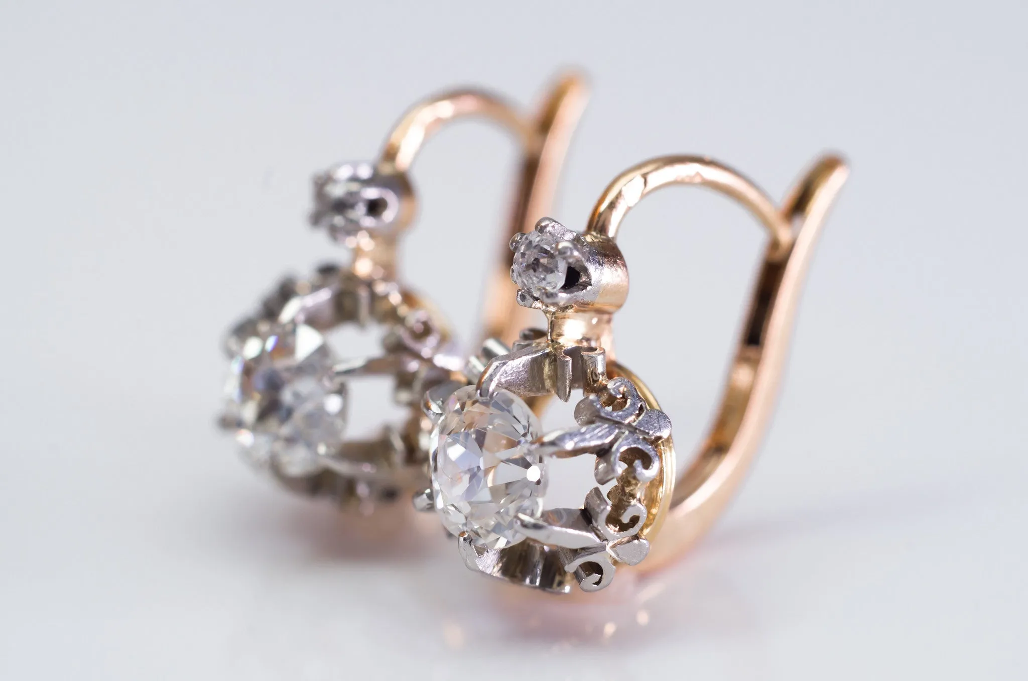 1.45CTW ANTIQUE OLD CUT DIAMOND MIXED METAL DORMEUSES FRENCH EARRINGS