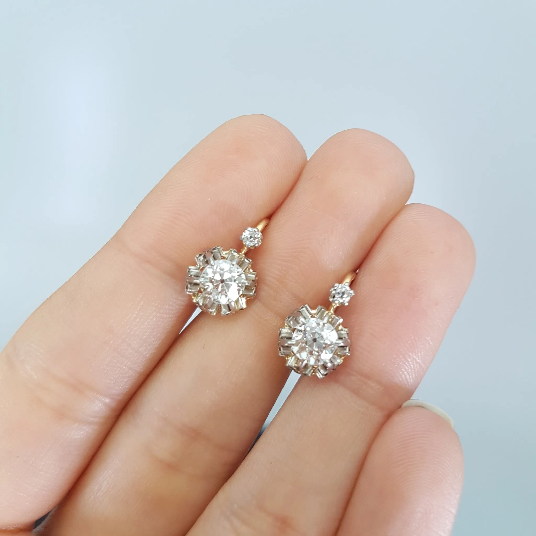 1.45CTW ANTIQUE OLD CUT DIAMOND MIXED METAL DORMEUSES FRENCH EARRINGS