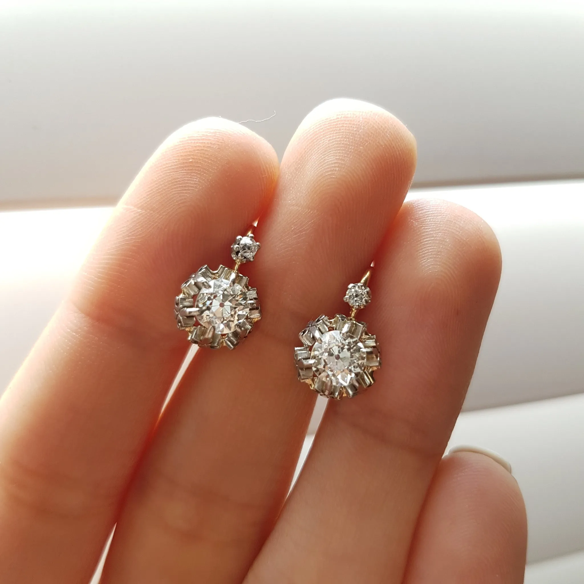 1.45CTW ANTIQUE OLD CUT DIAMOND MIXED METAL DORMEUSES FRENCH EARRINGS
