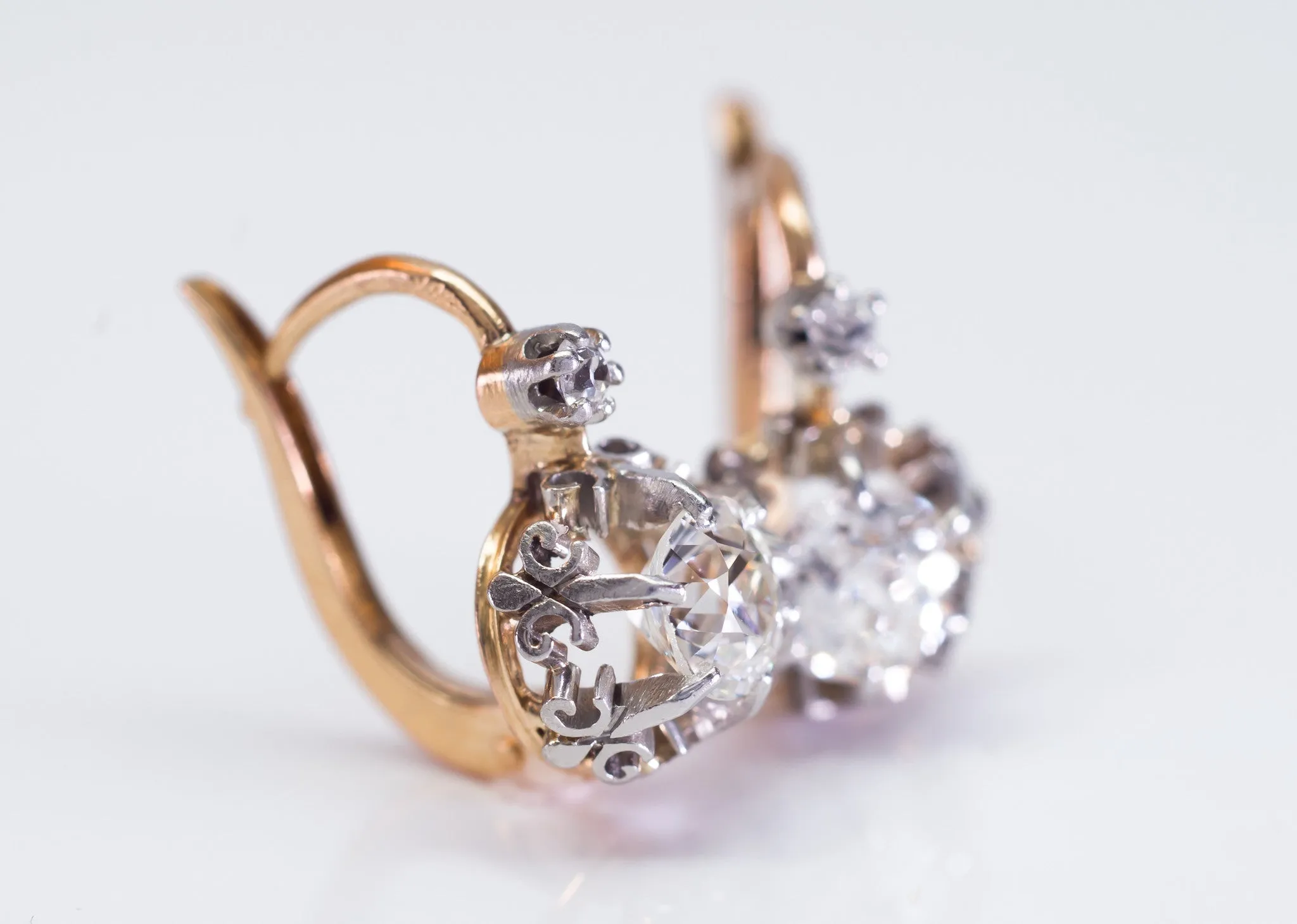 1.45CTW ANTIQUE OLD CUT DIAMOND MIXED METAL DORMEUSES FRENCH EARRINGS