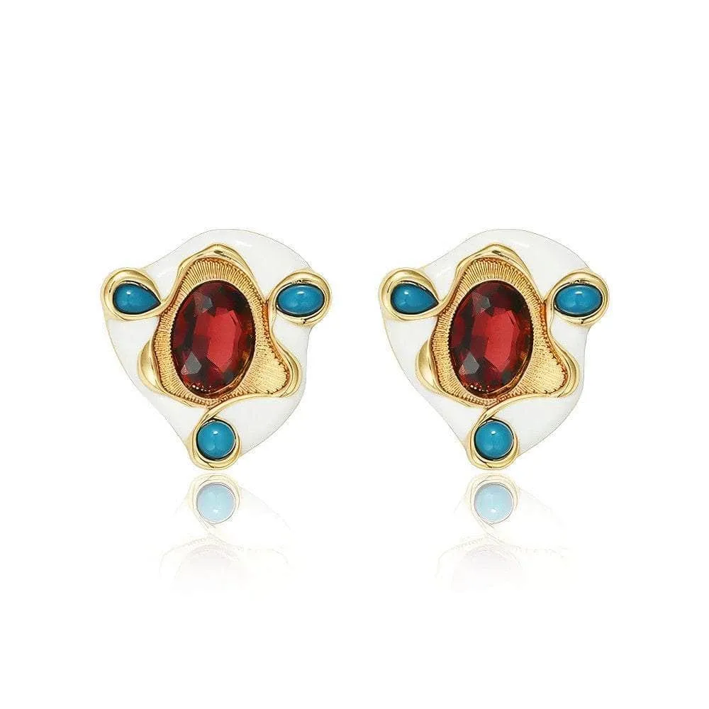 14K Gold Accented Enamel Blue Gemstone Ruby Statement Earrings