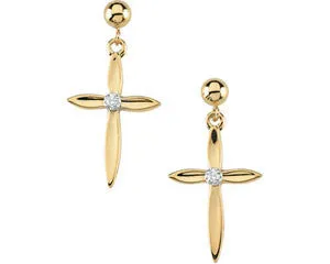 14K Gold Diamond Cross Dangle Earrings