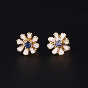 14k Gold Enamel Flower Earrings | Vintage Enamel Flower Earrings