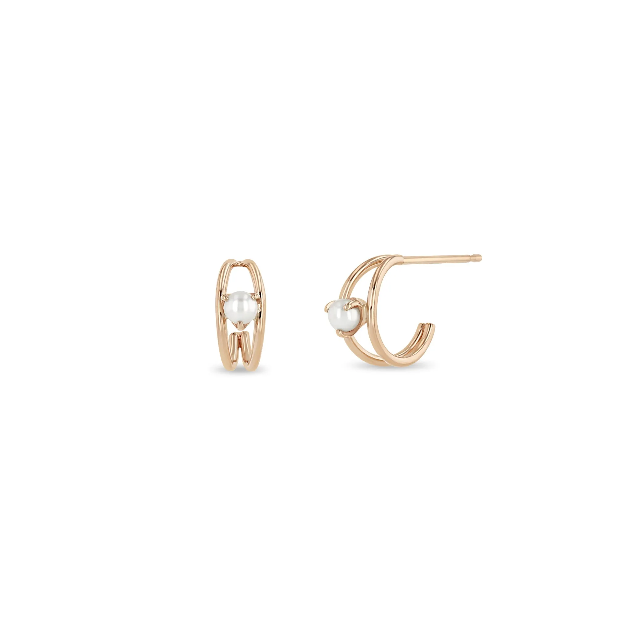 14k Nested Pearl Double Wire Huggie Hoops