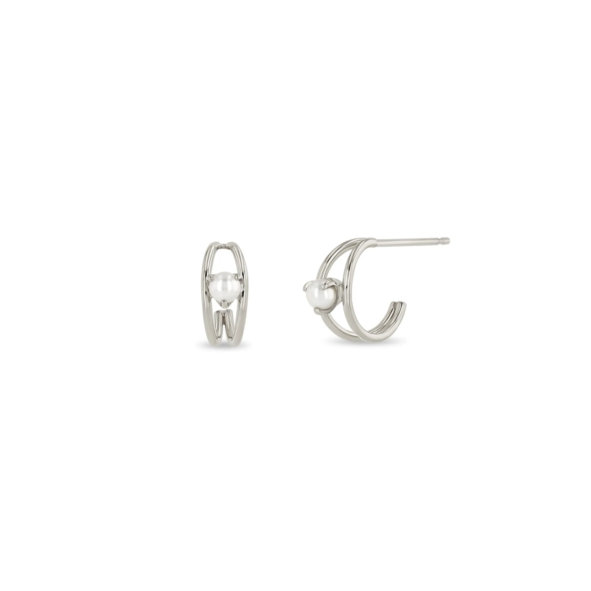 14k Nested Pearl Double Wire Huggie Hoops