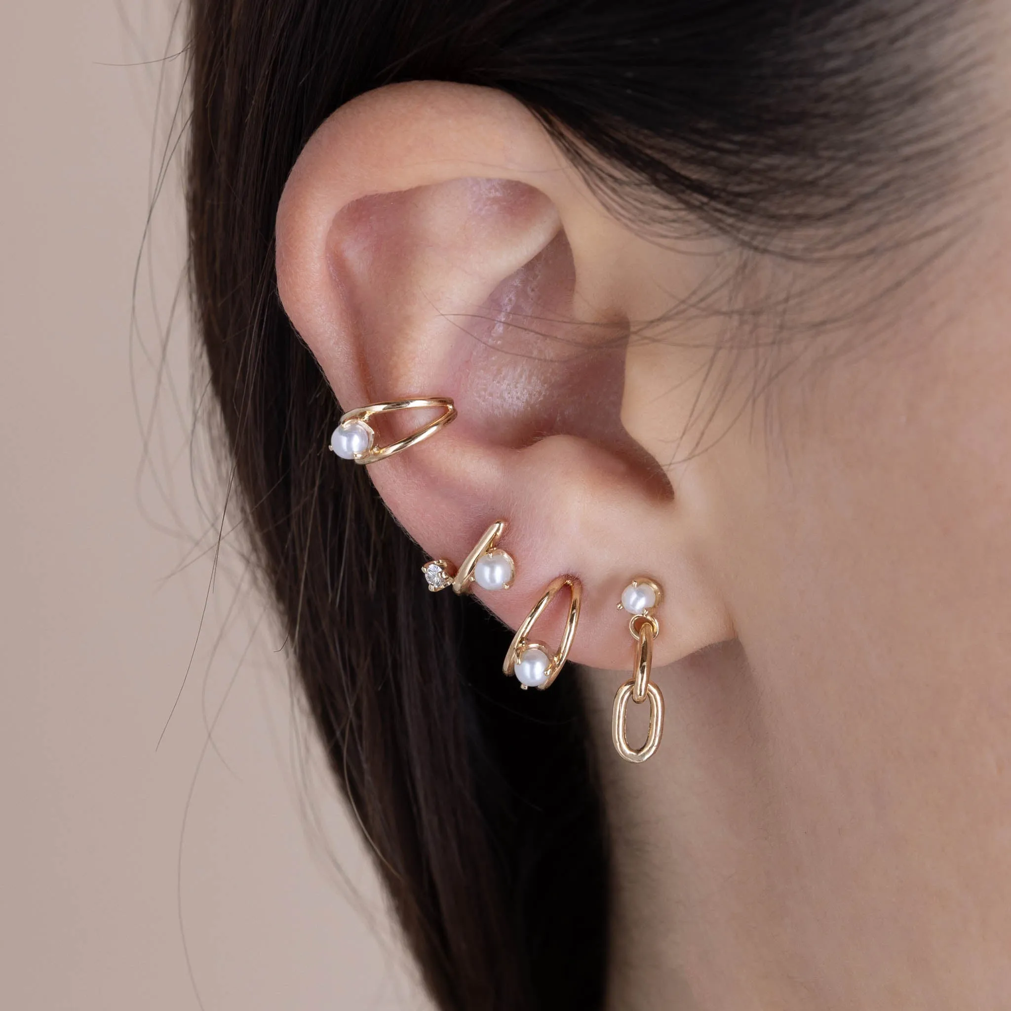 14k Nested Pearl Double Wire Huggie Hoops