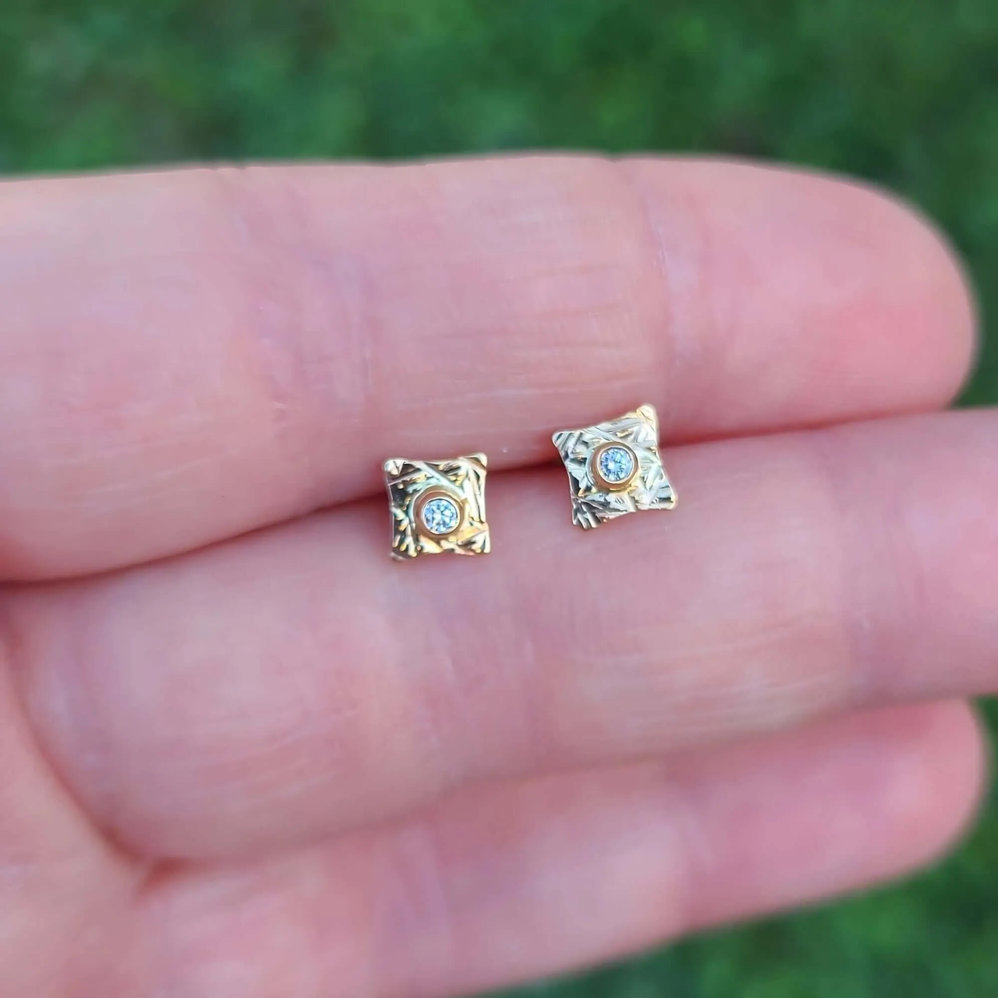 14K Organic Hammered Diamond Stud Earrings
