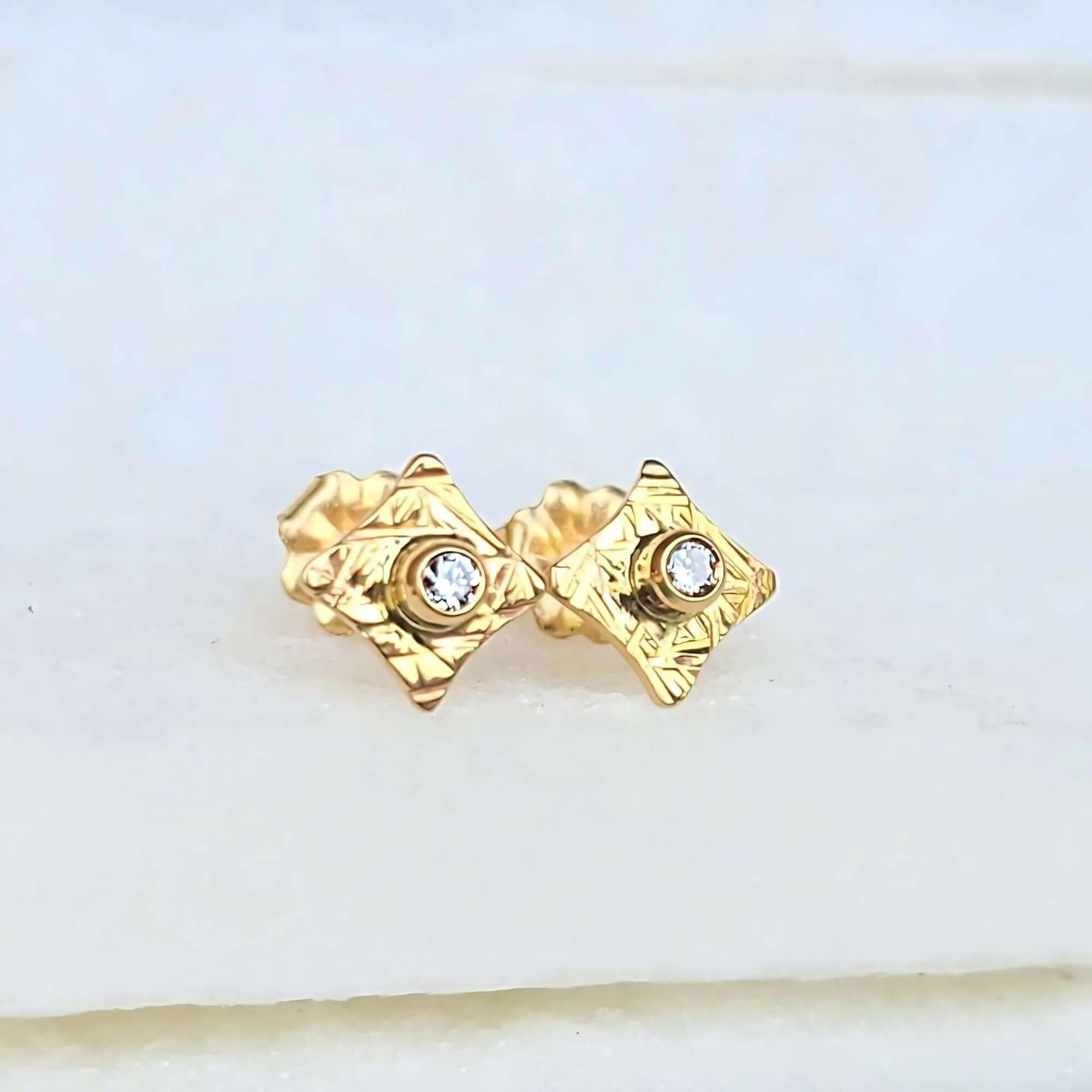 14K Organic Hammered Diamond Stud Earrings