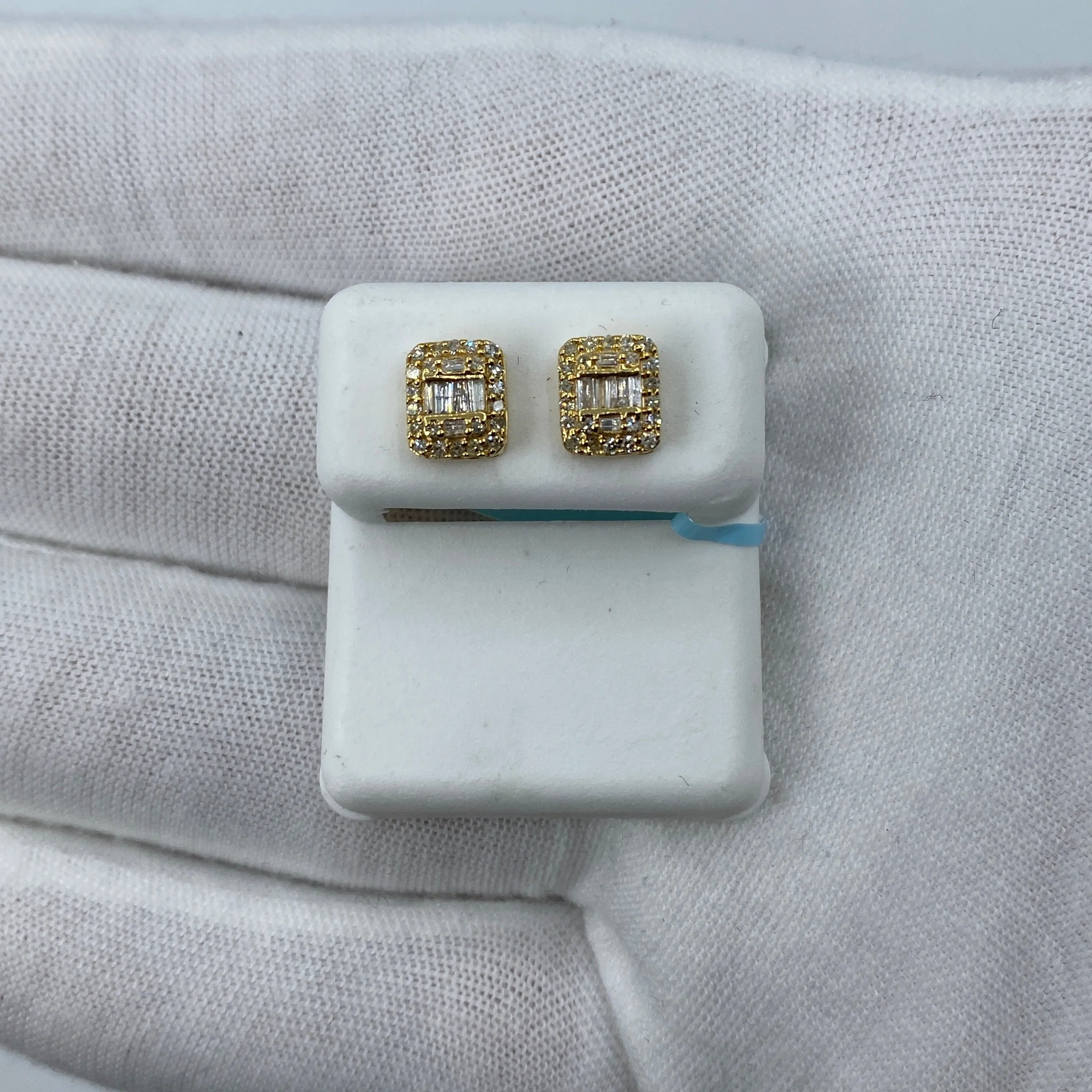 14K Rectangle Halo Diamond Baguette Earrings