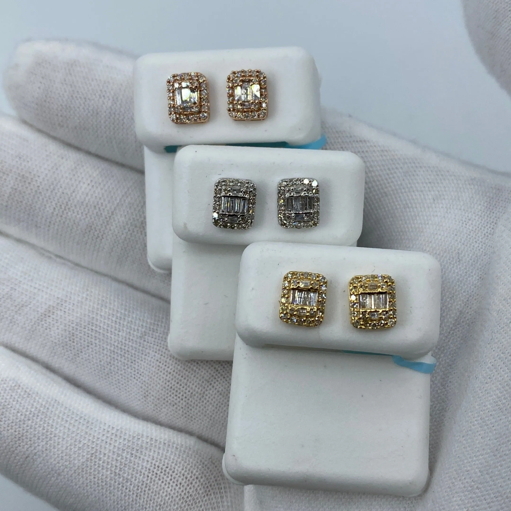 14K Rectangle Halo Diamond Baguette Earrings