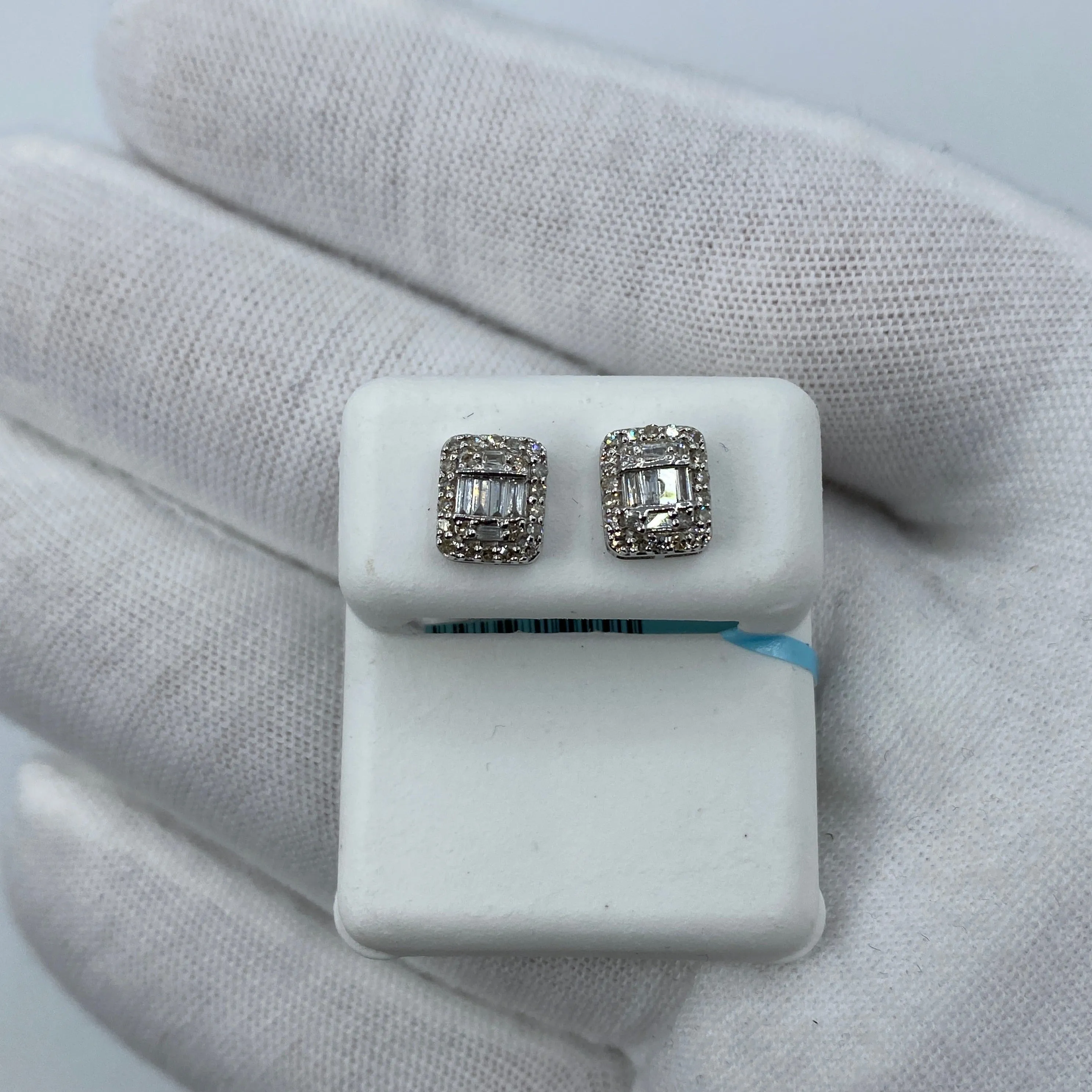 14K Rectangle Halo Diamond Baguette Earrings