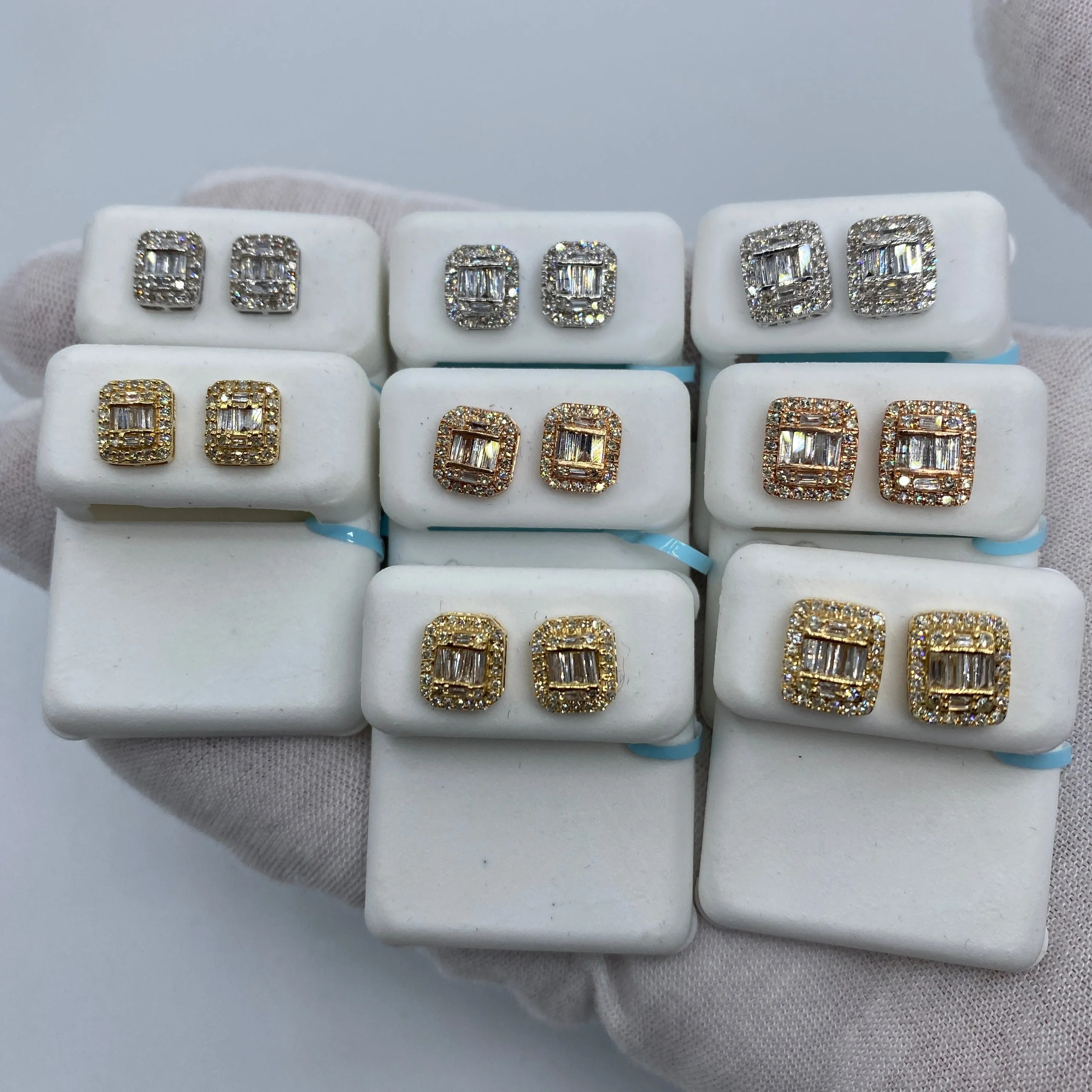 14K Rectangle Halo Diamond Baguette Earrings