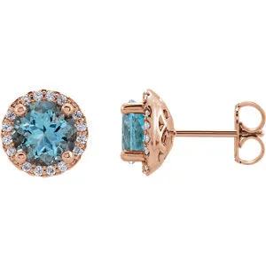 14K Rose Aquamarine & 1/6 CTW Diamond Earrings