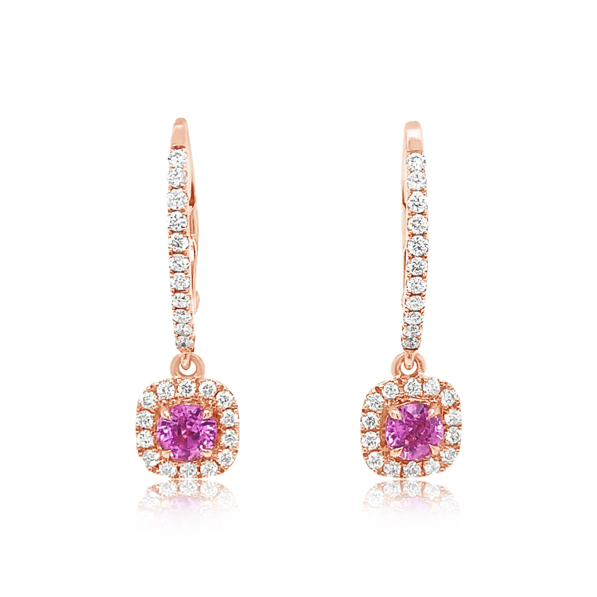 14K Rose Gold Cushion Cut Pink Sapphire And Diamond Halo Drop Earrings (1.53ctw)