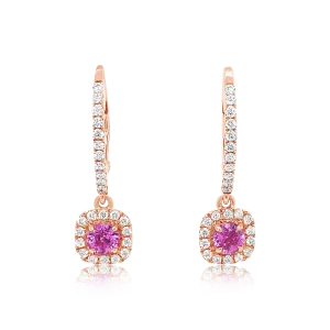 14K Rose Gold Cushion Cut Pink Sapphire And Diamond Halo Drop Earrings (1.53ctw)