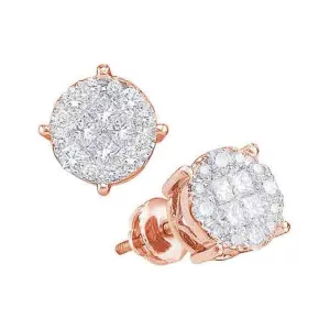 14K Rose Gold Princess & Round Diamond Soleil Cluster Screwback Earrings 1.00 Cttw