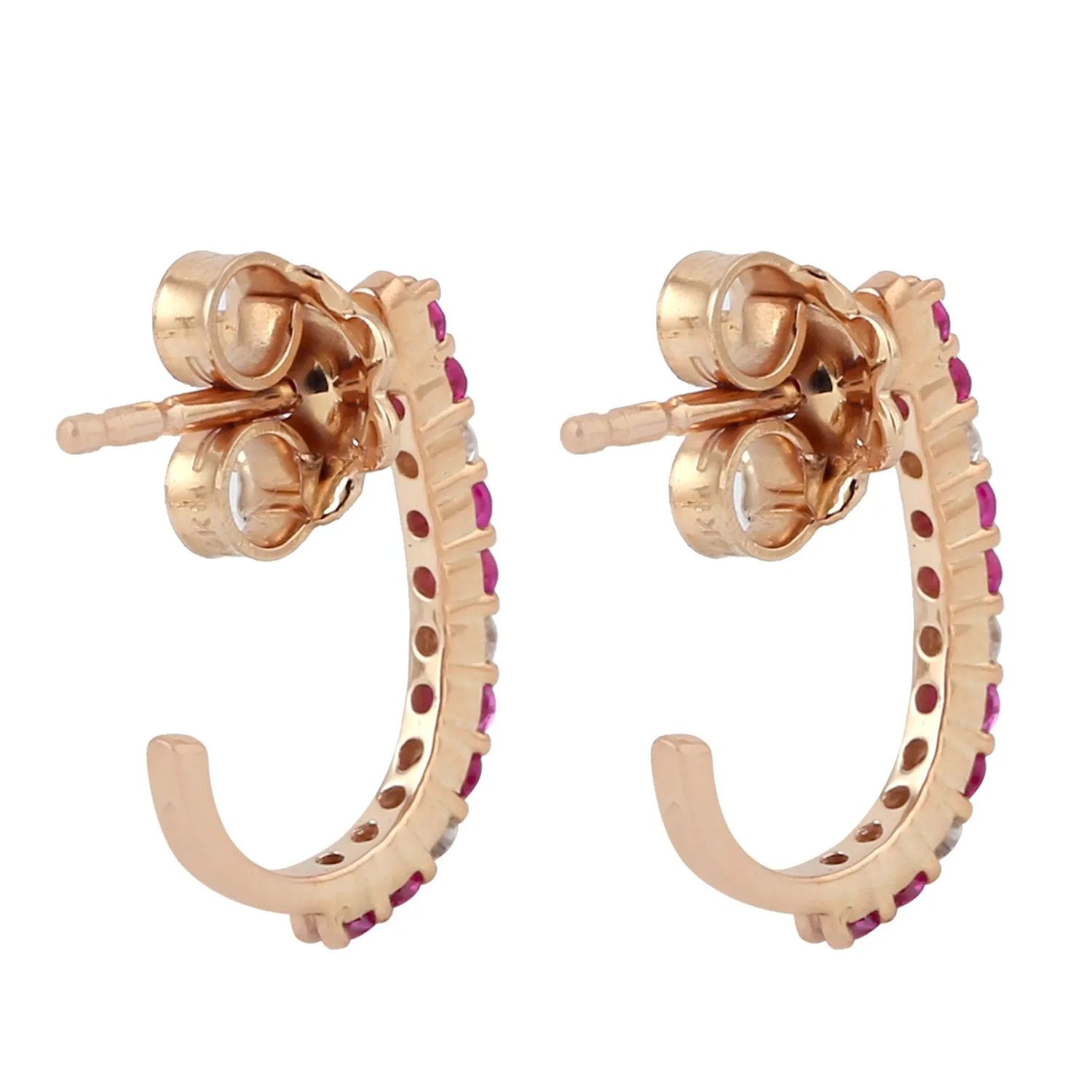 14K Rose Gold Prong Set Ruby Diamond Designer Hoop Earrings