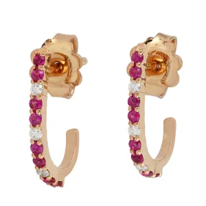 14K Rose Gold Prong Set Ruby Diamond Designer Hoop Earrings