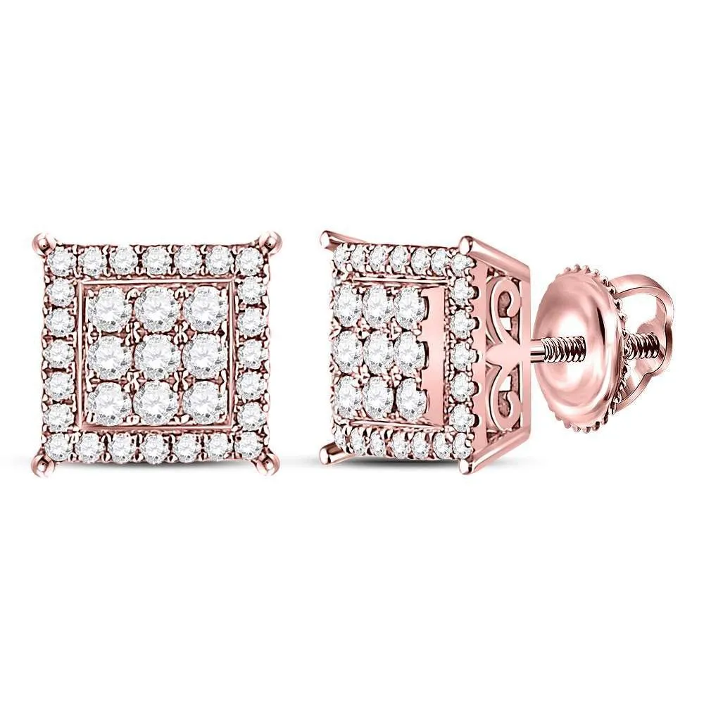 14K Rose Gold Round Diamond Square Cluster Stud Earrings 1/2 Cttw