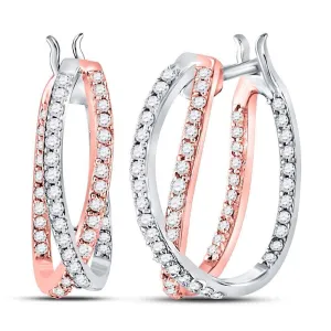 14K Two-tone Gold Round Diamond 2-Row Inside Out Hoop Earrings 1/2 Cttw