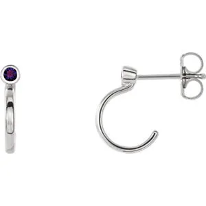 14K White 2 mm Round Amethyst Bezel-Set J-Hoop Earrings